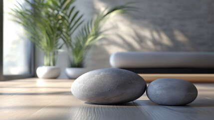 Peaceful setting: two gray stones rest on a wooden floor in a room filled with natural light and plants