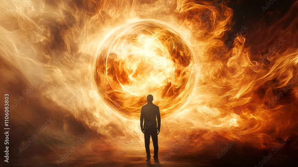 Poster surreal image depicting a businessman observing a burning portal in a dark dimension, concept of mys