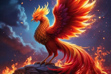 Obraz premium Vibrant Fire Phoenix Rising with Fiery Particles and Flames