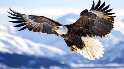 Obraz premium A majestic eagle soaring against a backdrop of snow-capped mountains.