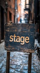 An Evocative Scene Featuring a Weathered Wooden "Stage" Sign Against the Backdrop of a Narrow Cobbled Alleyway in an Urban Setting
