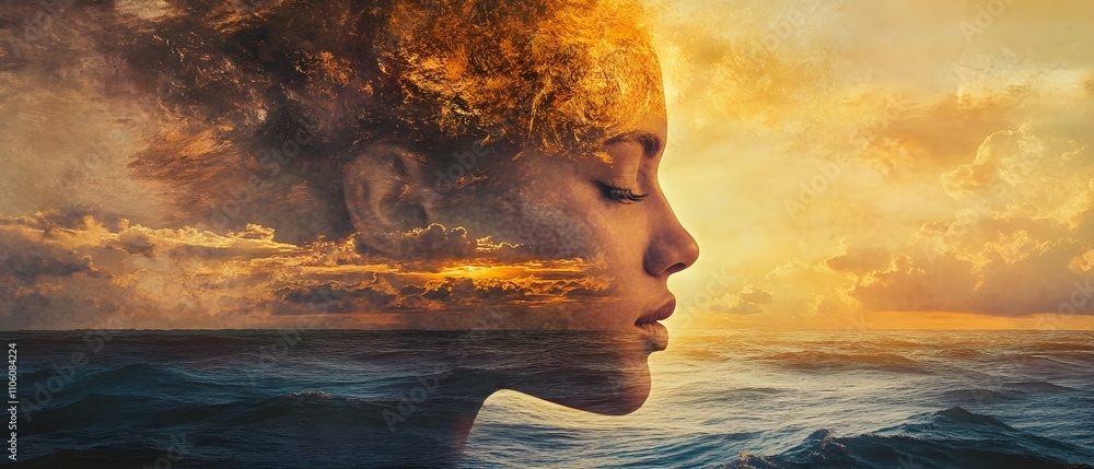 Aufkleber duality of nature and humanity: a serene portrait blending ocean waves with a dreamy sunset silhouet