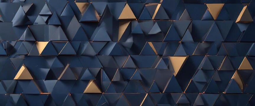 A complex arrangement of triangles and rectangles in various sizes on a deep blue background with contrasting colors, abstract shapes, shape composition, modern art style
