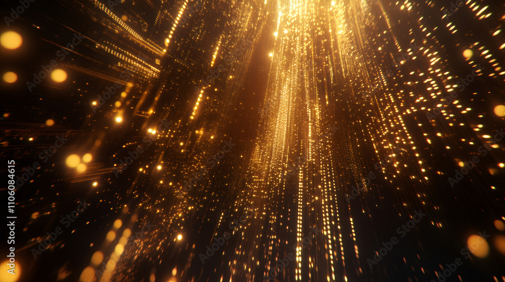Poster Mesmerizing visual created by golden particles flowing from a bright light source onto a dark backdrop