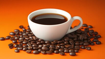 Fototapeta premium A White Cup Of Coffee Rests On Roasted Beans
