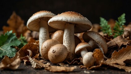 Fresh champignon mushrooms with dry leaves, showcasing healthy food.