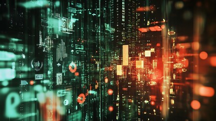 A combination of a money graph overlaid with digital currency symbols and futuristic graphics