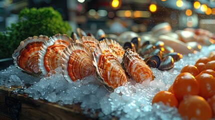 Rustic seafood market display with oysters, mussels, and more