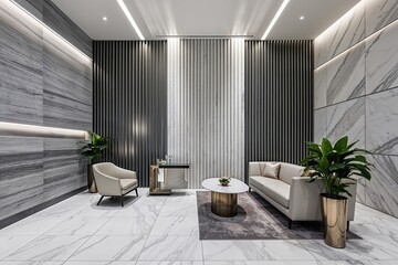 Elegant Linear and Classic Architecture Featuring Striking Gray and White Stone Walls with Subtle Grey Wash and Premium Marble Veneer for Upscale Facilities