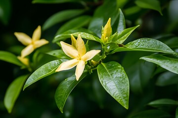 Fototapeta premium Close up of little yellow flower with green leaf