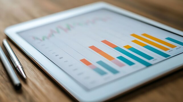 A close-up of a tablet displaying a colorful money graph with ascending lines and data points