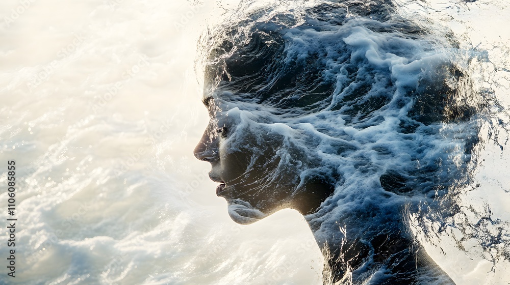 Poster ethereal portrait of a woman merging with ocean waves, symbolizing the connection between nature and