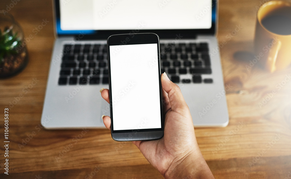 Poster phone, hands and person with screen, laptop and work from home with freelancer. social media, above 