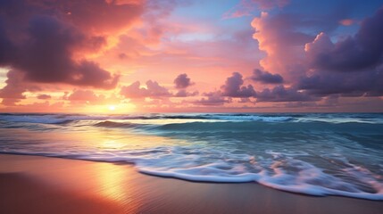 Serene Beach at Sunset With Vibrant Pastel Colors and Tranquil Waves
