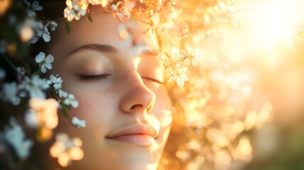 Fototapeta premium Serene Beauty of a Young Woman Surrounded by Blossoming Flowers and Bathed in Warm Sunlight, Capturing the Essence of Nature and Tranquility