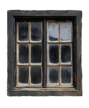 old weathered wooden window frame, burnt black window. cutout