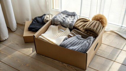 Cozy knitted hats and sweaters in cardboard box with warm sunlight for seasonal clothing