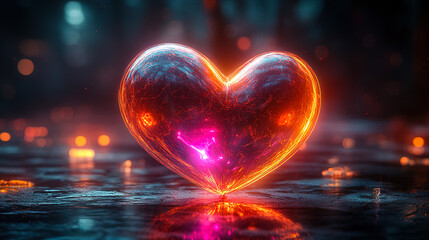 Glowing heart shape illuminates dark forest floor with vibrant colors and reflections at night. Generative AI