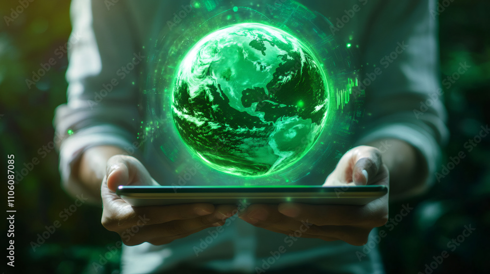 Poster businessman using tablet generating hologram of green earth, symbolizing environmental conservation 