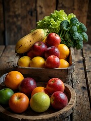 Fresh fruits and colorful vegetables in a rustic setting.