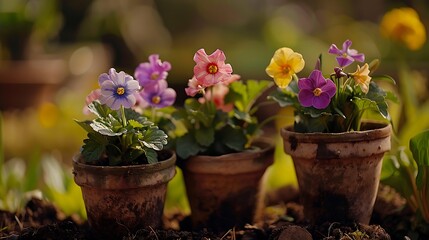 Planting flowers into small planting pots in late spring