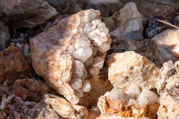 Close-up of Agate Stone with Transparent and Milky Crystals