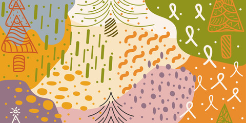 Seamless pattern: multicolored christmas trees, lines, dots. Colorful doodle vector hand drawn illustration in green, violet, yellow, orange colours for cards, banners, wallpaper, textile, wrapping	