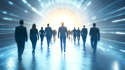 Business professionals moving towards the bright future in a digital tunnel, symbolizing progress and innovation