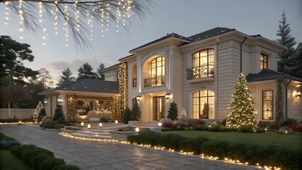 Fototapeta premium Elegant house decorated with festive lights and Christmas tree in the yard during twilight