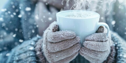 Gloved hands gently cradling a steaming cup of aromatic coffee outdoors. Warm cozy winter scene. Hot Mug of beverage in the wool mittens closeup. Warming drink at cold weather. Hike, camping concept