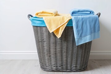 Clean Laundry Basket with Towel and Clothes Isolated on White Background