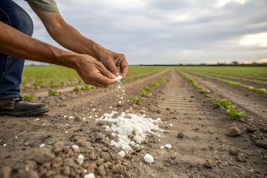 farmer hand sprinkler limestone powder on farm soil to balance pH