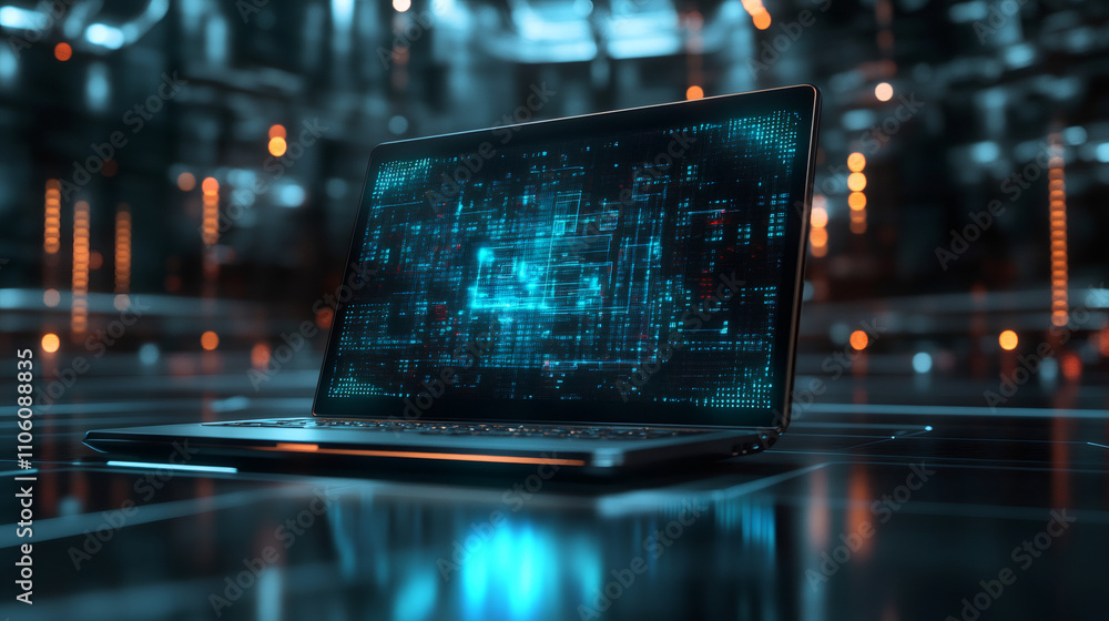 Poster Futuristic laptop displaying a circuit board and binary code, suggesting advanced computing in a server room environment