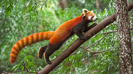 Fototapeta premium A vibrant red panda gracefully climbs a tree showcasing its striking orange and black fur against a backdrop of lush green foliage Natures beauty at its best