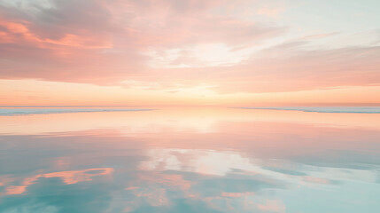 Fototapeta premium A frozen lake reflecting the soft pinks and oranges of a winter sunset, winter mood symbols, background