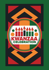 Kwanzaa Happy Celebration. African and African-American culture holiday. Seven days festival, celebrate annual from December 26 to January 1. Black history. Poster, card, banner and background. Vector