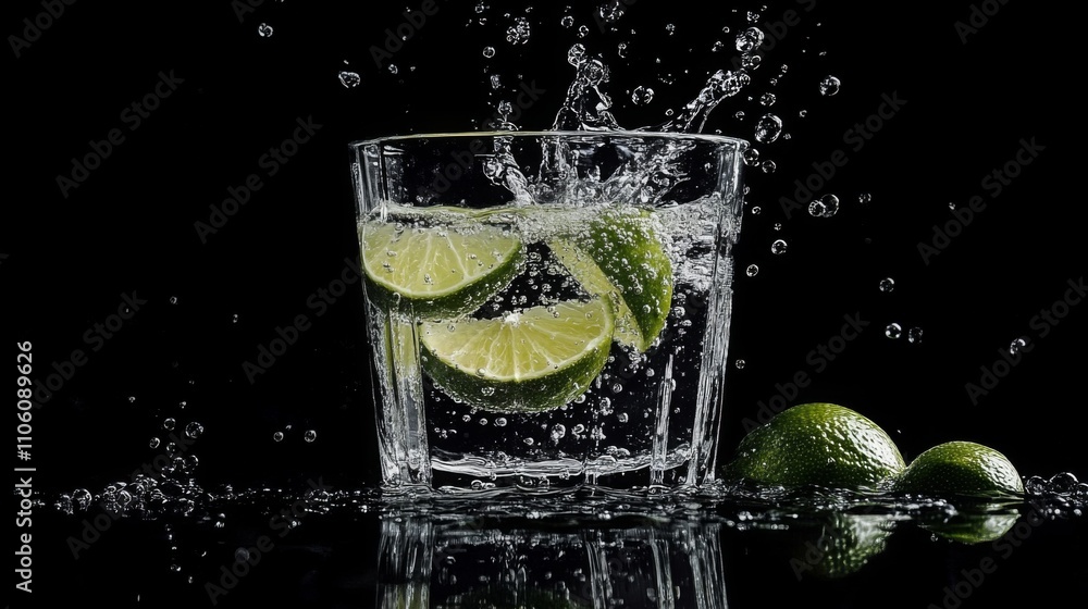 Aufkleber slices of lime are splashed into a glass filled with water, creating an exciting dynamic scene of ju