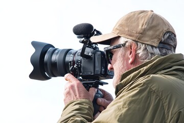A photographer capturing nature with a camera, wearing sunglasses and a hat.