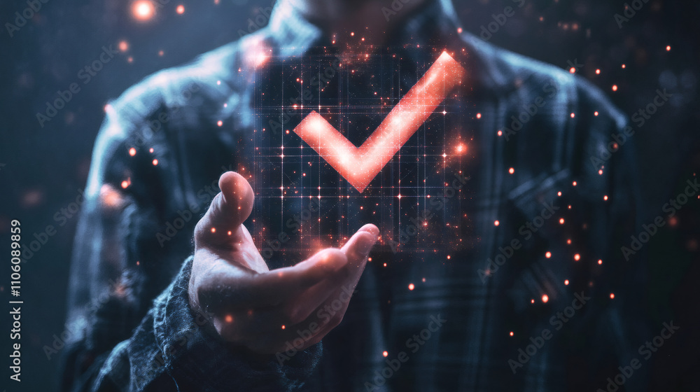 Poster businessman displaying a futuristic glowing red check mark in augmented reality, representing approv
