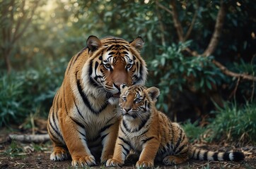 Obraz premium Mother Tiger Hugging Her Baby in the Wild