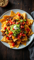 Loaded Nachos Topped with Guacamole, Cheese, Sour Cream, and Jalapenos