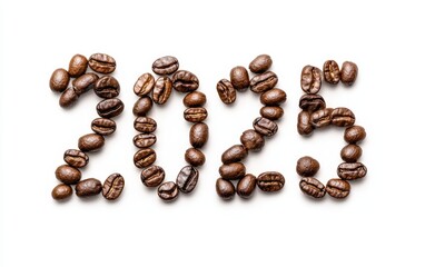 2025 Made of Coffee Beans  Numbers designed with dark roasted coffee beans, arranged neatly for a rich and aromatic look. White background.