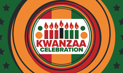 Kwanzaa Happy Celebration. African and African-American culture holiday. Seven days festival, celebrate annual from December 26 to January 1. Black history. Poster, card, banner and background. Vector