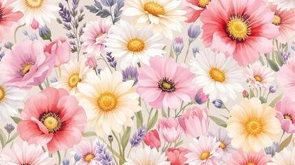 Fototapeta premium Cheerful watercolor daisies and poppies in a repeating pattern, print, wallpaper