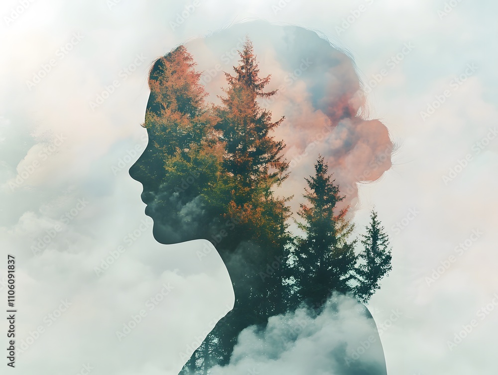 Poster captivating double exposure of woman's silhouette merging with lush forest and misty clouds, symboli