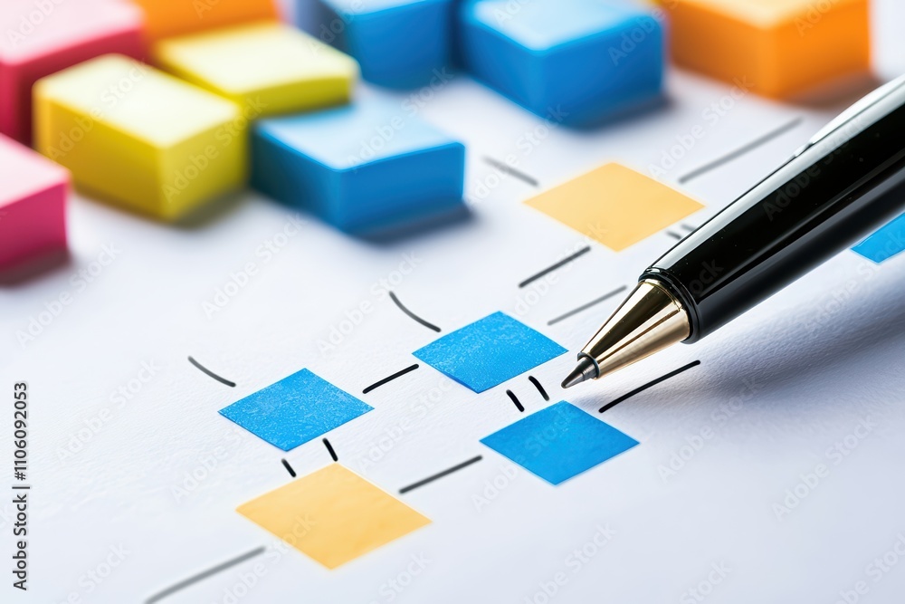 Poster close-up of a pen and colorful sticky notes on a planning diagram, representing organization and pro
