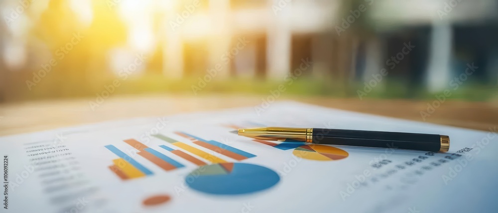Poster close-up of financial graphs and pen on a table, representing data analysis and business strategy.