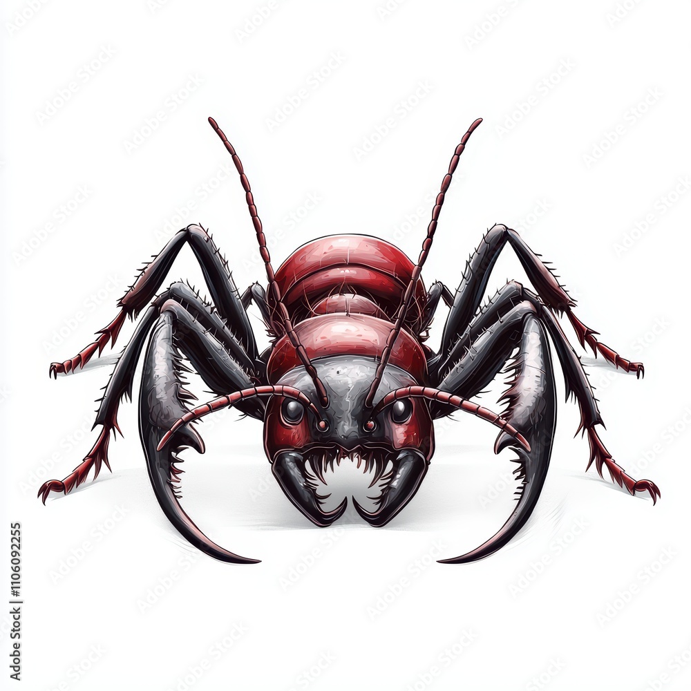 Poster close-up view of a fierce red ant with detailed features on a white isolated background.