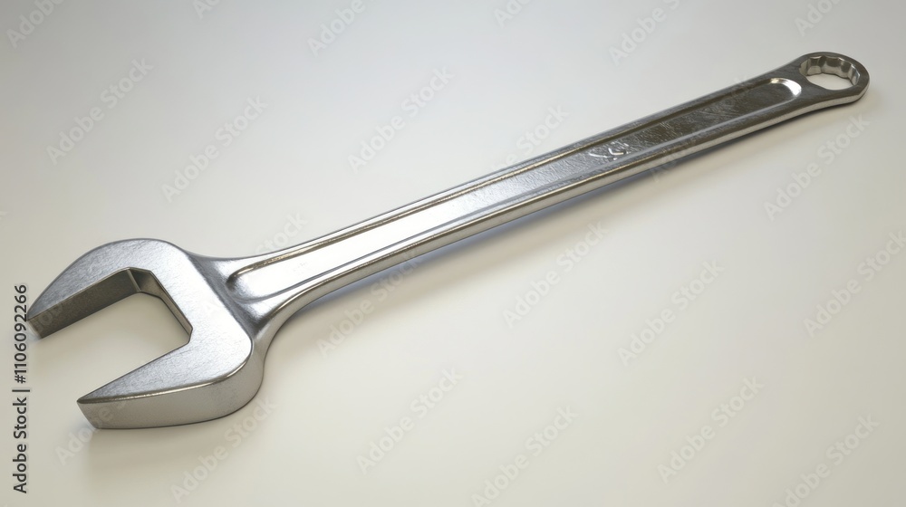 Poster a single metallic wrench rests on a plain surface