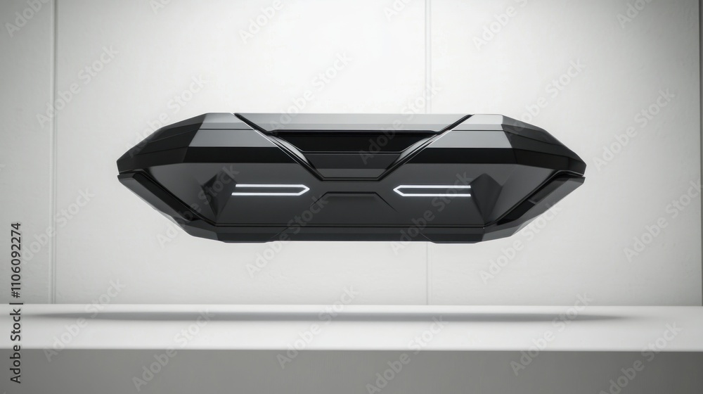 Poster futuristic black device floating against white background